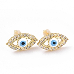 White Enamel Horse Eye Stud Earrings with Clear Cubic Zirconia, Gold Plated Brass Jewelry for Women, Cadmium Free & Lead Free, White, 8x14mm, Pin: 0.8mm