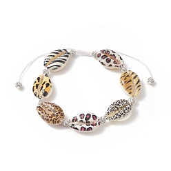 Colorful Animal Skin Printed Natural Cowrie Shell & Polymer Clay Braided Bead Bracelet with Rhinestone, Adjustable Bracelet for Women, Colorful, Inner Diameter: 2~3 inch(5.2~7.5cm)