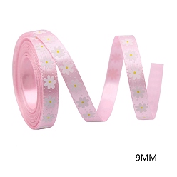 Flower Easter Theme Polyester Satin Ribbon, Single Face Printed Ribbon, Flat, Pink, Flower Pattern, 3/8 inch(9mm), 10 yards/roll