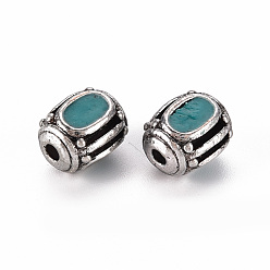 Teal Handmade Indonesia Beads, with Brass Findings, Barrel, Antique Silver, Teal, 10.5~11x8.5~9mm, Hole: 2mm