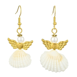 Golden Alloy Fairy Wings Dangle Earrings, Natural Shell Drop Earrings, Golden, 53x22~25mm