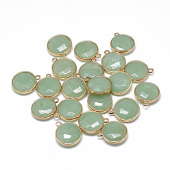 Green Aventurine Natural Green Aventurine Pendants, with Golden Tone Brass Findings, Faceted, Flat Round, 21x18x6mm, Hole: 2mm