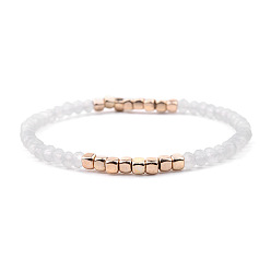 White Gold-tone Miyuki Elastic Crystal Beaded Bracelet with Acrylic Tube Beads