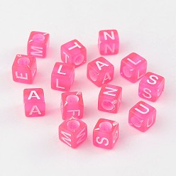 Hot Pink Mixed Letters Transparent Acrylic Cube Beads, Horizontal Hole, Hot Pink, 6x6x6mm, Hole: 3mm, about 3100pcs/500g
