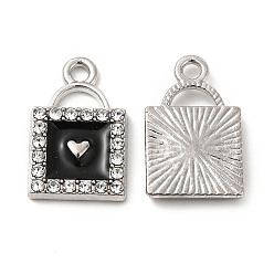 Negro Colgantes de la aleación del esmalte, con diamantes de imitación de cristal, candado con dijes de corazón, Platino, negro, 18x11.5x2.5 mm, agujero: 1.8 mm