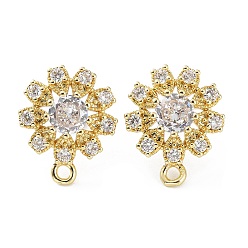 Real 18K Gold Plated Hollow Flower Brass Micro Pave Cubic Zirconia Stud Earrings Finding, with Horizontal Loops, Cadmium Free & Lead Free, Real 18K Gold Plated, 18.5x15mm, Hole: 1.8mm, Pin: 0.8mm