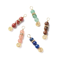 Mixed Stone Natural Mixed Gemstone Pendants, with Golden Plated Copper Wire Wrapped and Brass Rhinestone Spacer Beads, Round Charm, Mixed Dyed and Undyed, 33x7x6mm, Hole: 3.5mm