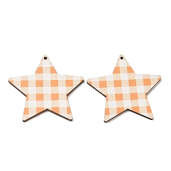 Coral MDF Double-faced Printed Big Pendants, Star with Tartan Pattern Charms, Coral, 47.5x50x2.5mm, Hole: 1.8mm