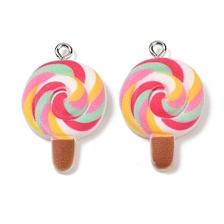 Разноцветный Подвески из непрозрачной смолы, окрашенные распылением, имитация еды, леденец очарование, с платиновыми тоновыми железными петлями, красочный, 29x19x6 мм, отверстие : 2 мм