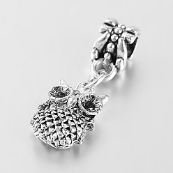 Jet Antique Silver Tone Large Hole Alloy Rhinestone European Dangle Charms, with Owl Charms, Jet, 25mm, Hole: 5mm