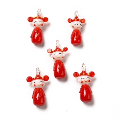 Red Handmade Lampwork Pendants, Man Charms, Red, 31~34x16~19x10.5~12mm, Hole: 2.5~3mm