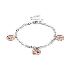 Rose Gold & Stainless Steel Color 304 Stainless Steel Tree of Life Charm Bracelet with Cable Chains for Women, Rose Gold & Stainless Steel Color, 7-1/8 inch(18cm)