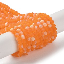 Dark Orange Transparent Glass Beads Strands, Faceted, Frosted, Half AB Color Plated, Rondelle, Dark Orange, 4~4.5x3.5~4mm, Hole: 1mm, about 117~121pcs/strand, 16.61~16.73 inch(42.2~42.5cm)