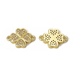 Golden Brass Micro Pave Clear Cubic Zirconia Connector Charms, Clover Links, Golden, 11x16x1.5mm, Hole: 1.5mm