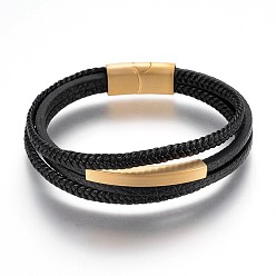 Golden Braided Microfiber PU Leather Cord Multi-strand Bracelets, with 304 Stainless Steel Magnetic Clasps, Golden, 8-1/4 inch(21cm), 4~5mm