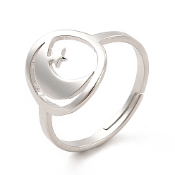 Stainless Steel Color 201 Stainless Steel Moon & Star Adjustable Ring for Women, Stainless Steel Color, US Size 6 1/2(16.9mm)