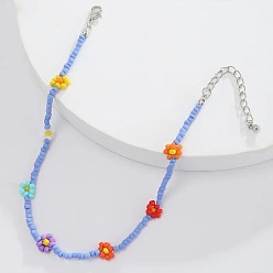 Blue Color Flower Bohemian Glass Flower Bead Necklace Handmade Vintage Collar Choker Chain