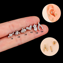 Нержавеющая Сталь Цвет Серьги-гвоздики с хрящом из латуни с микропаве из прозрачного кубического циркония, 316l штифты из нержавеющей стали, цвет нержавеющей стали, 6 мм, штифты : 1.2 мм