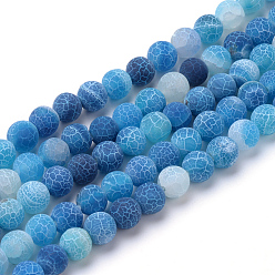 Blue Natural & Dyed Crackle Agate Bead Strands, Frosted Style, Round, Blue, 6mm, Hole: 1mm, about 63pcs/strand, 15.5 inch