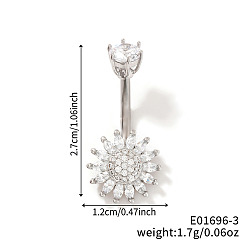 Нержавеющая Сталь Цвет Блестящие кольца для пупка из латуни с подсолнухами, полностью украшенные стразами, пирсинг пупка кольца, украшения для тела в виде штанги для женщин, цвет нержавеющей стали, 27x12 мм