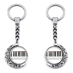 Platinum Double Sided Rotatable Moon Alloy Pendant Keychains, with Half Round with Electric Piano Glass Cabochons, Platinum, 10cm