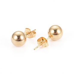 Golden 304 Stainless Steel Ball Stud Earrings, with Ear Nuts, Round, Golden, 8mm, Pin: 0.7mm, 6pairs/card