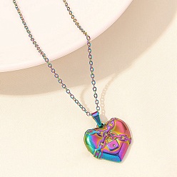 Lock Love Heart Stainless Steel Pandant Necklace, Rainbow Color, Lock, 15.75 inch(40cm)