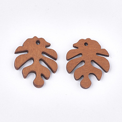 Chocolate Painted Poplar Wood Pendants, Tropical Leaf Charms, Monstera Leaf, Chocolate, 30x24x2.5~3mm, Hole: 1.5~2mm