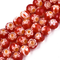 Orange Red Round Millefiori Glass Beads Strands, Orange Red, 6mm, Hole: 1mm, about 67pcs/strand, 14.7 inch