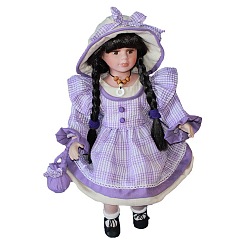 Lilac Porcelain Doll Display Ornaments, Lady Women with Hat & Cloth Dress, for Home Desk & Doll House Decoration, Lilac, 120x140x340mm