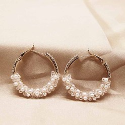 Rose Gold Glass Pearl Beaded Hoop Earrings, Rose Gold, 35mm