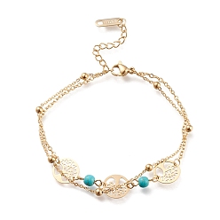 Golden 304 Stainless Steel Multi-strand Bracelets, with Synthetic Turquoise Beads and Lobster Claw Clasps, Flat Round with Tree, Golden, 7-1/8 inch(18cm)