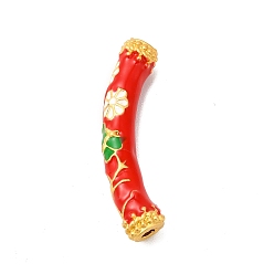 Red Pack Plating Alloy Enamel Beads, Matte Gold Color, Curved Tube with Flower, Red, 9.5x37x7mm, Hole: 3mm