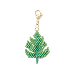 Зеленый Подвесные украшения из стеклянных бусин ручной работы, лист, с 304 из нержавеющей стали Lobster Claw застежками, зелёные, 49.5 мм, Кулон : 30.5x22.5x1.7 мм