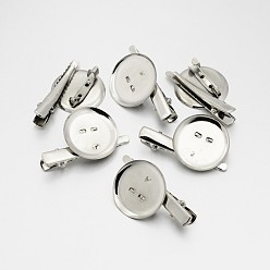 Platinum Iron Brooch Cabochon Settings, with Alligator Hair Clip Findings, Platinum, Tray: 28mm, 43x29x8mm