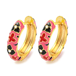 Темно-Розовый Латунные серьги обруча, с цветочной эмалью, без кадмия и без свинца, долговечный, реальный 18 k позолоченный, темно-розовыми, 19x4.5 мм