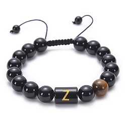 Letter Z 10MM Natural Black Onyx(Dyed & Heated) and Tiger Eye Alphabet Round Braided Bead Adjustable Bracelets for Women, Letter Z, 7.00 inch(17.78cm)~11.50 inch(29.21cm)