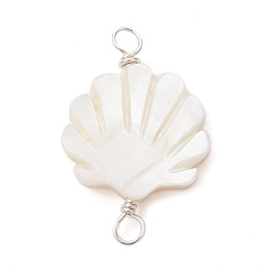 Silver Natural Freshwater Shell Connector Charms, Shell Shaped Links with Copper Loops, Silver, 23x15x3mm, Hole: 2mm
