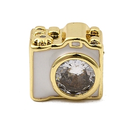 Белый Латунные микропаве прозрачные кубические циркониевые эмалевые бусины, камера, без свинца и без кадмия, долговечный, реальный 18 k позолоченный, стойки покрытие, белые, 9x9.5x6 мм, отверстие : 2 мм