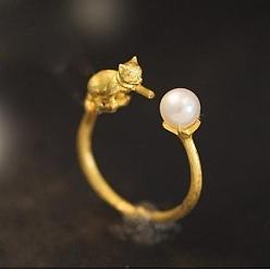Golden 925 Sterling Silver Ring Pearl Cat Open Cuff Ring with Imitation Pearl, Golden, US Size 7 1/4(17.5mm)