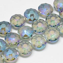 Light Sky Blue Electroplate Glass Beads Strands, Frosted, Rainbow Plated, Faceted, Flat Round, Light Sky Blue, 14x8~10mm, Hole: 1.5mm, about 50pcs/strand, 26.77 inch