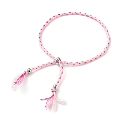 Pink Adjustable Braided Cotton Cords Slider Bracelets Making, with Brass Beads, Platinum, Pink, 2-3/8~3-1/2 inch(6.2~9cm)