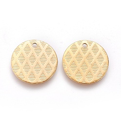 Golden Ion Plating(IP) 304 Stainless Steel Charms, Textured, Flat Round with Grid Pattern, Golden, 15x1mm, Hole: 1.2mm