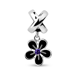 Platinum TINYSAND Rhodium Plated 925 Sterling Silver Flower European Dangle Charms, with Violet Rhinestone, Platinum, 22.05x8x9.6mm, Hole: 4.82mm