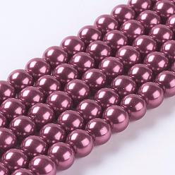 Rouge Violet Moyen Brins de perles rondes en verre teinté écologique, Grade a, cordon en coton fileté, support violet rouge, 6mm, Trou: 0.7~1.1mm, Environ 72 pcs/chapelet, 15 pouce