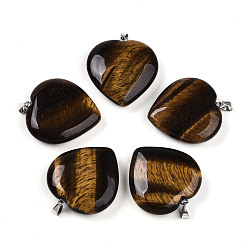 Тигровый глаз Природных тигровый глаз подвески, с защелкой из нержавеющей стали на поручнях, сердце, цвет нержавеющей стали, 31x30x8 мм, отверстие : 5.5x2.5 мм