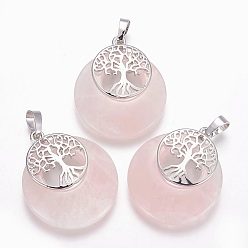 Rose Quartz Natural Rose Quartz Pendants, with Platinum Tone Brass Findings, Flat Round with Tree of Life, 32.5~33x27.5~28x5~6mm, Hole: 5x7mm