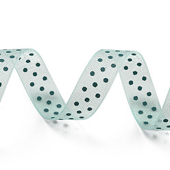 Teal 100 Yards Polka Dot Print Nylon Ribbons, Flat, Teal, 3/8 inch(10mm), about 100 Yards/Roll