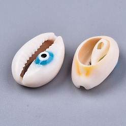 Небесно-голубой Бусины из натуральной каури, с эмалью, нет отверстий / незавершенного, злые глаза, голубой, 18~22x13~14x6~8 мм