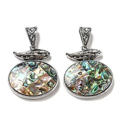 Colorful Natural Paua Shell Pendants, Antique Silver Plated Alloy Oval Charms, Colorful, 47x41x9mm, Hole: 16x7mm